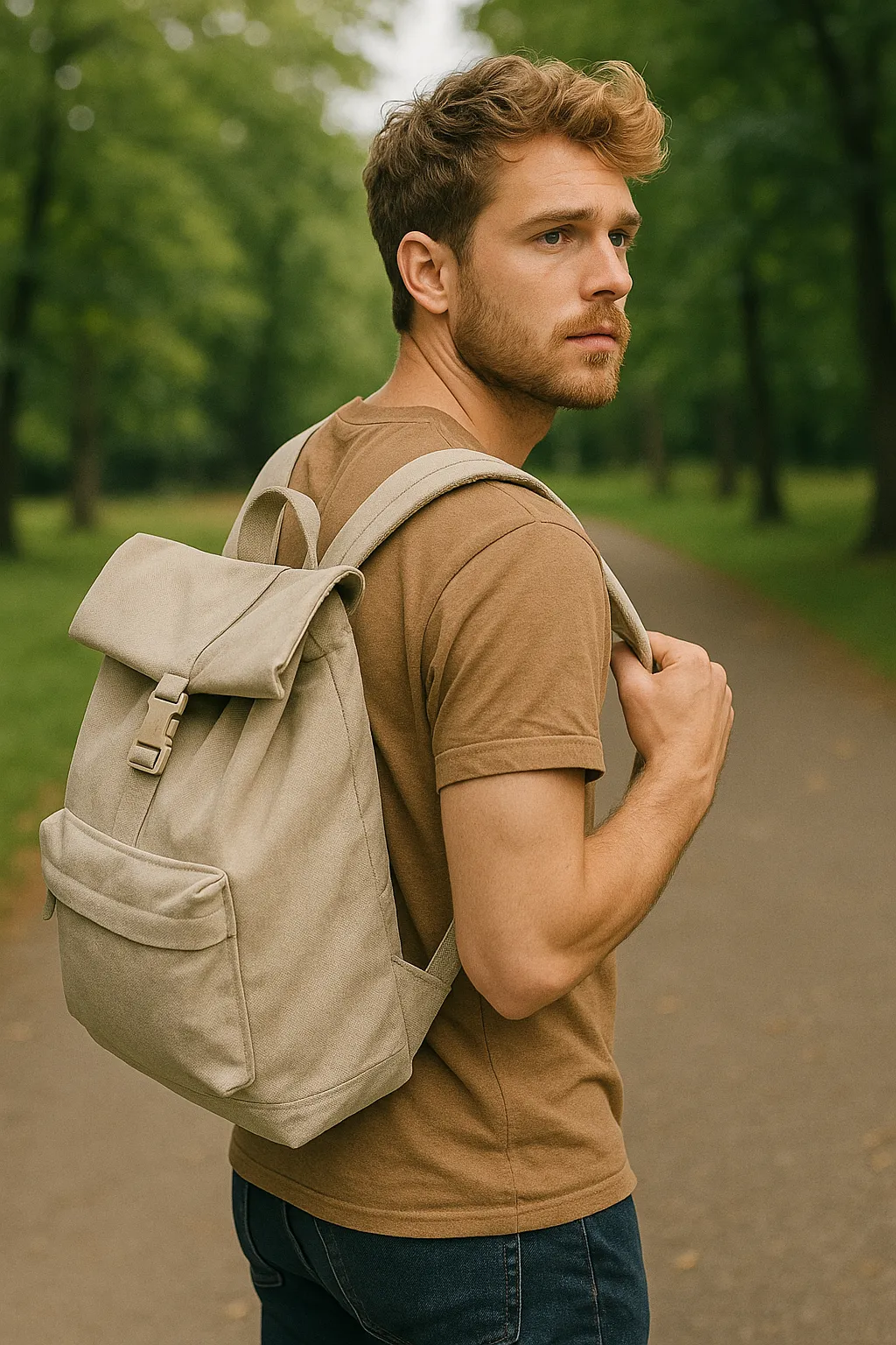 Eine Mann mit Stoff-Rucksack